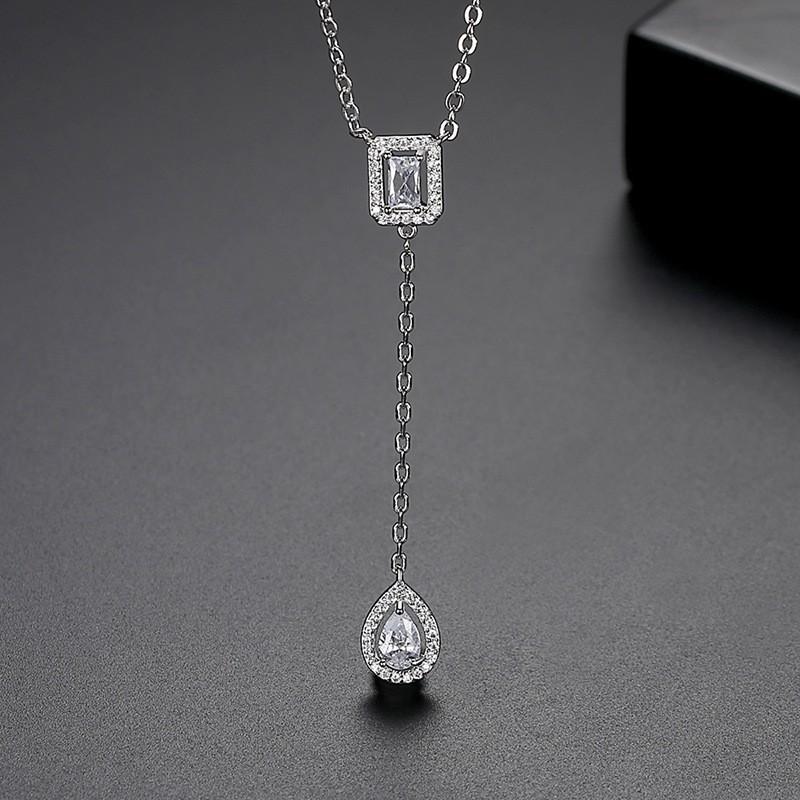 Waterdrop Pendant Necklace Women Copper Chain With Zircon Stone Rhodium Or 18K Gold Plated INS Style Geometric Minimalist N19102836-Rh Rhodium Plated