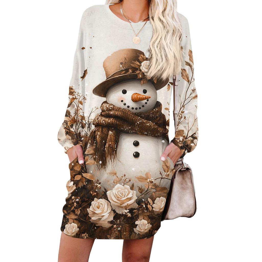 Damska modna sukienka z długim rękawem, z okrągłym dekoltem i kieszenią, w nadruk płatków śniegu