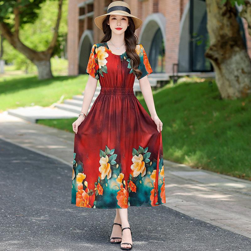 

Cross2026 Summer Women s Wide Hem Printed Dress - Slimming Round Neck Cotton Blend Beach Cover-Up 3XL (Recommended 135-165 Jin)