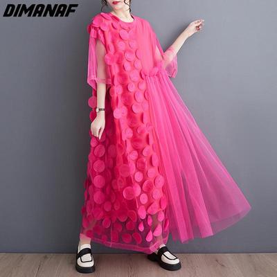 DIMANAF Dress Women 2025 New Plus Size Summer Style Mesh Short Sleeve Chiffon Oversize Solid Loose Basic Dresses Yellow A