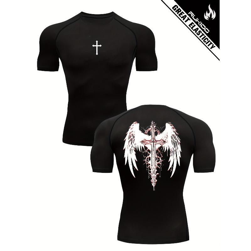 Kompressions-Kurzarm-T-Shirt mit vorderer Kreuz- und rückseitiger geflügelter Schwertgrafik, schnelltrocknend, atmungsaktiv, hohe Elastizität, christliches Sport- und MMA-Athletik-Top