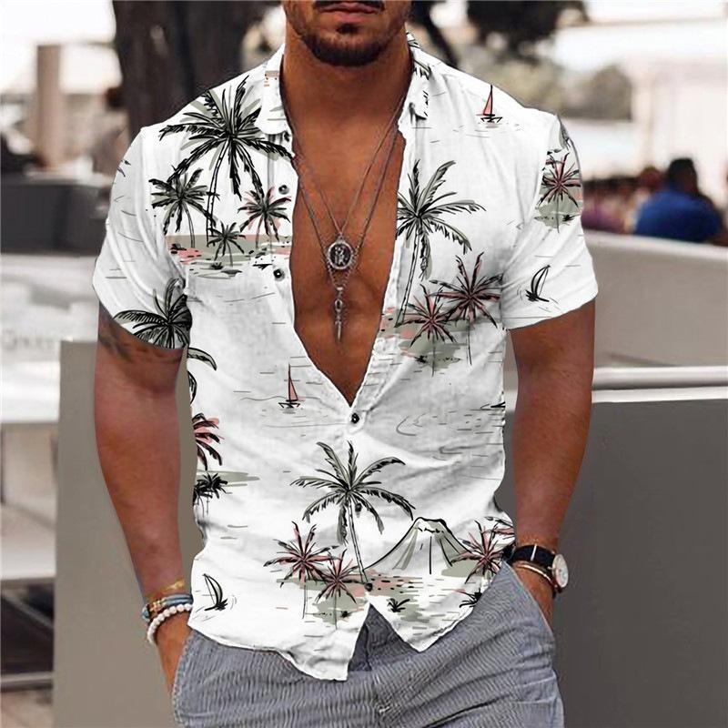 Cardigan con risvolto e bottoni a maniche corte, casual, stile hawaiano, da uomo, estivo