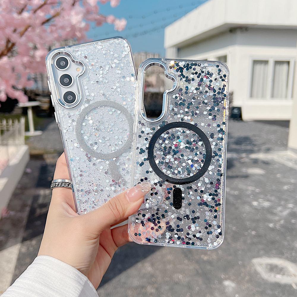 KEYSION Luxuxy Glitter Magnetic Phone Case for MagSafe for Samsung A55 5G A35 A25 5G TPU+PC Shockproof Cover for Galaxy A15 4G 5G