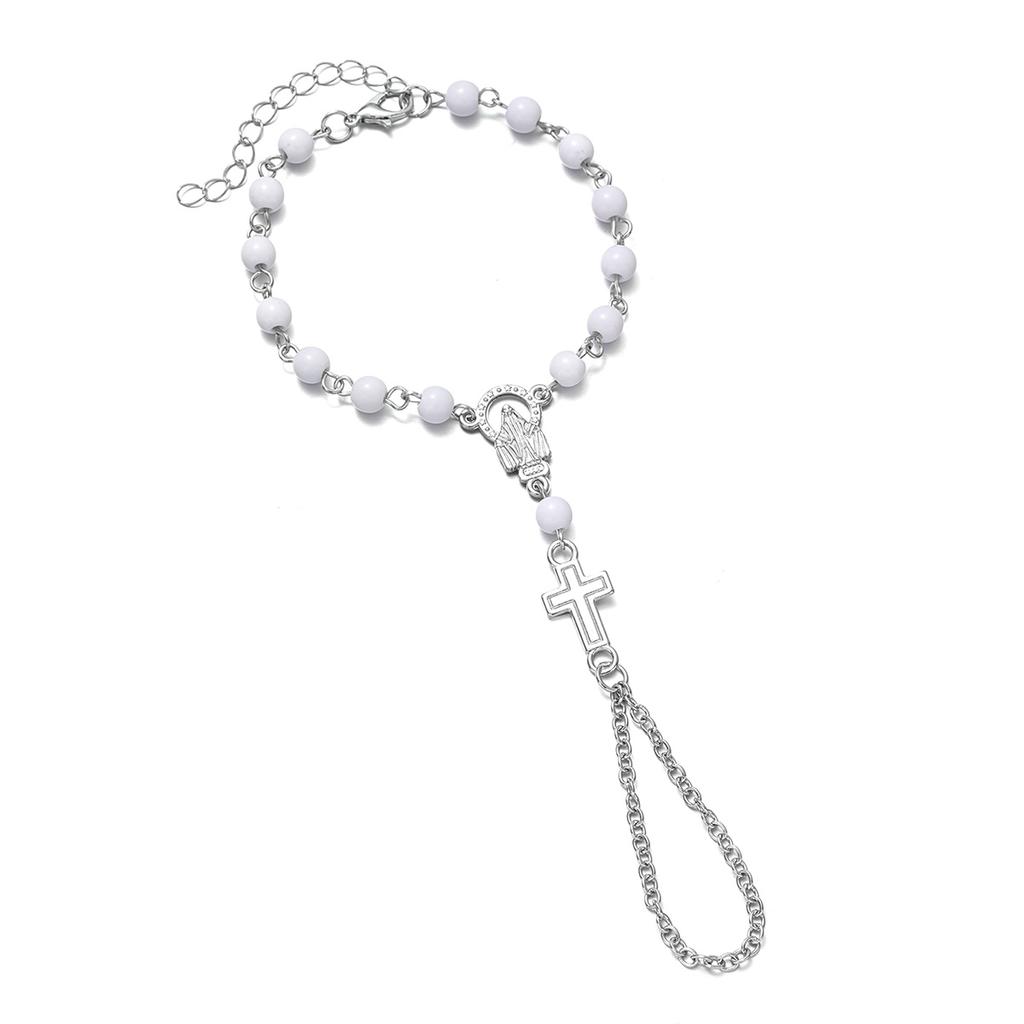 Women's Cross Finger Bracelet, Religious Style Beaded Back Hand Chain, Dark Style Niche Accessory
