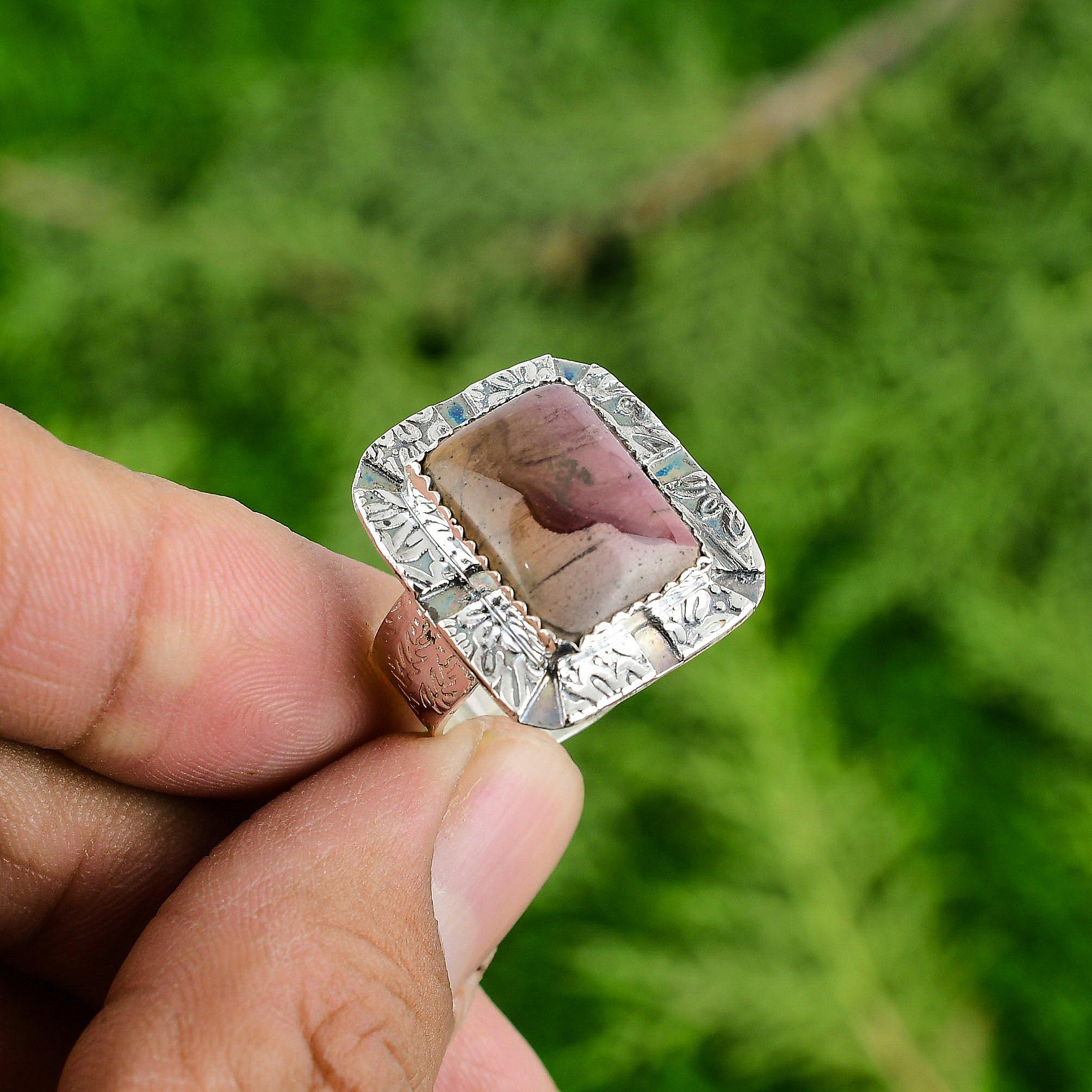 

925 Sterling Silver Natural Mookaite Multi Stone Bezel Wife Promise Ring Jewelry Adjustable