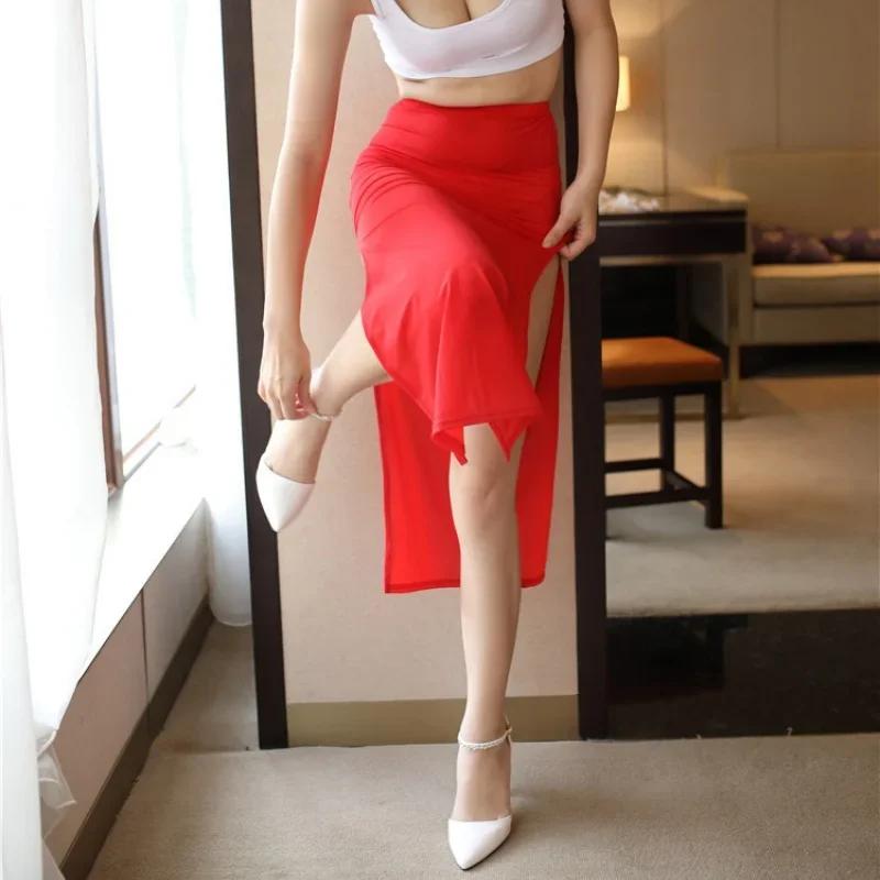 Ladies Sexy See Through Long Skirts Transparent Wrap Hips Black Midi Skirt Night Club Wear Mini Dress for Women