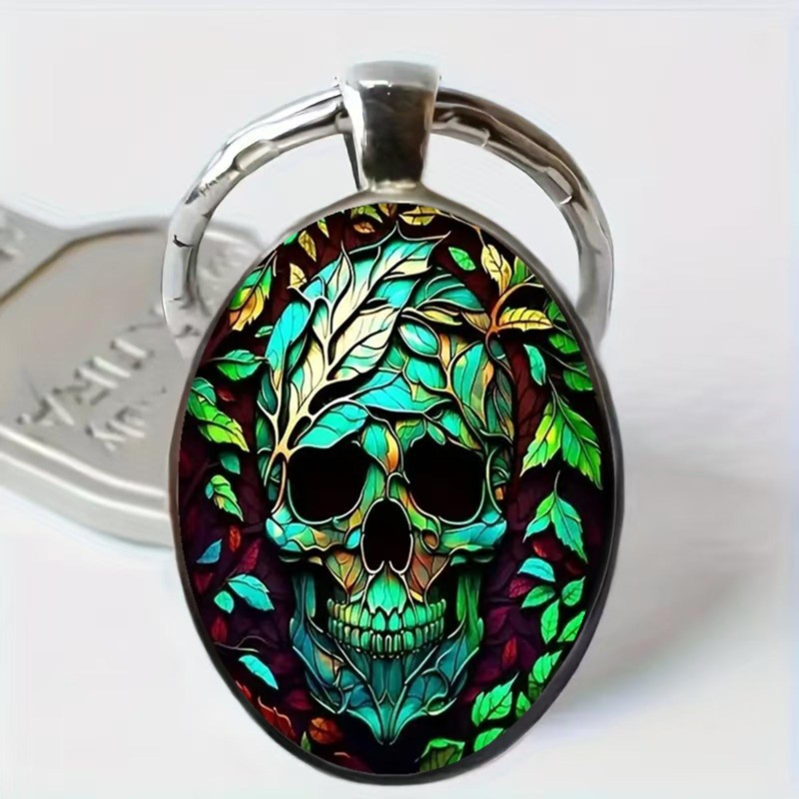

Oval Glass Alloy Keychain Pendant with Artistic Skull and Leaf Pattern Durable Metal Frame Unique Design for Everyday Use and Accessories One Size