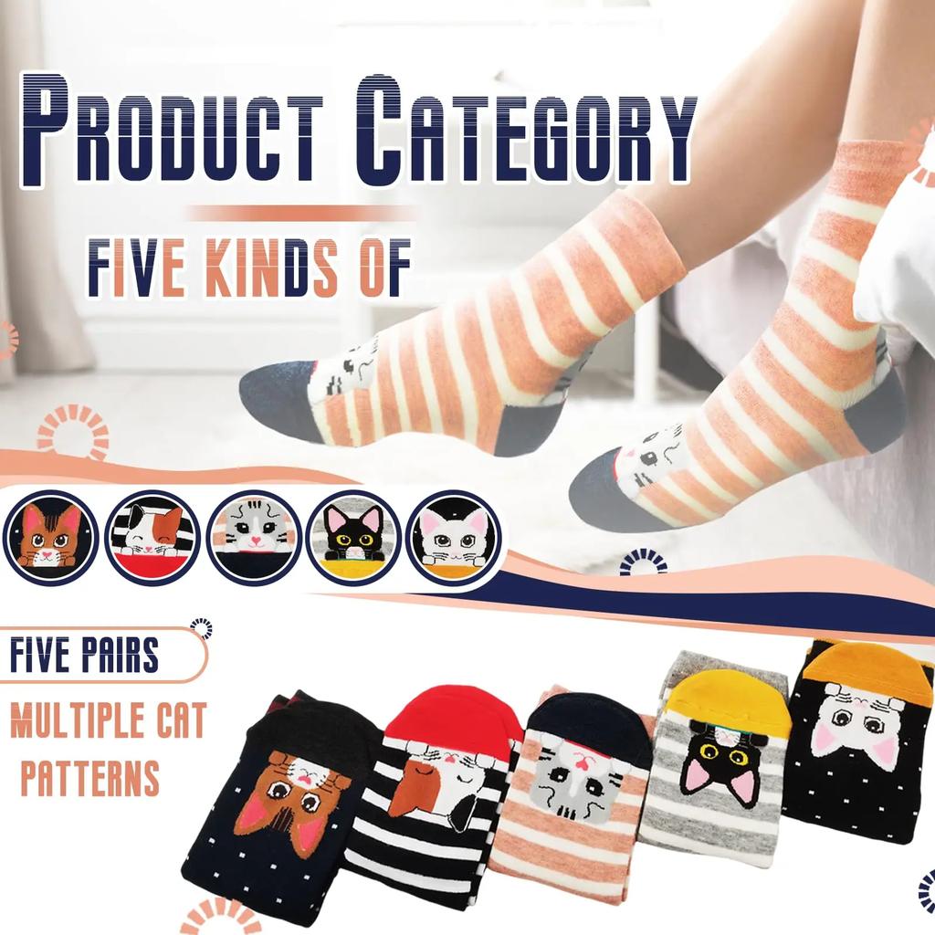 Botvotee 5 Pairs of Cute Cat Socks Women Cartoon Animal Crew Socks Fun Kitten Cotton Socks Gift Colorful Casual Sock Set
