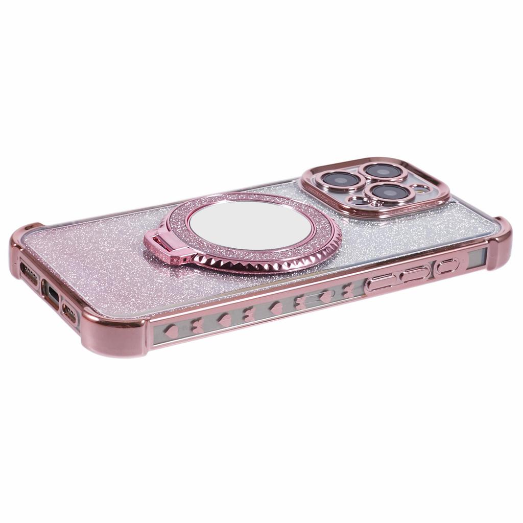 For iPhone 12 Pro Max Case Round Mirror Anti-drop TPU Glitter Phone Cover with Kickstand