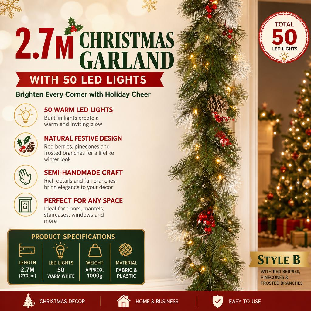 2.7m Christmas Decorative Garland with 50 LED Lights