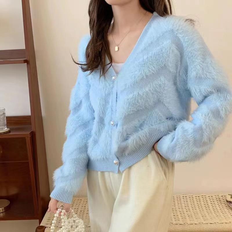 V-neck imitation mink fleece sweater women's autumn and winter new soft waxy top thickened loose lazy wind knitted cardigan jacket