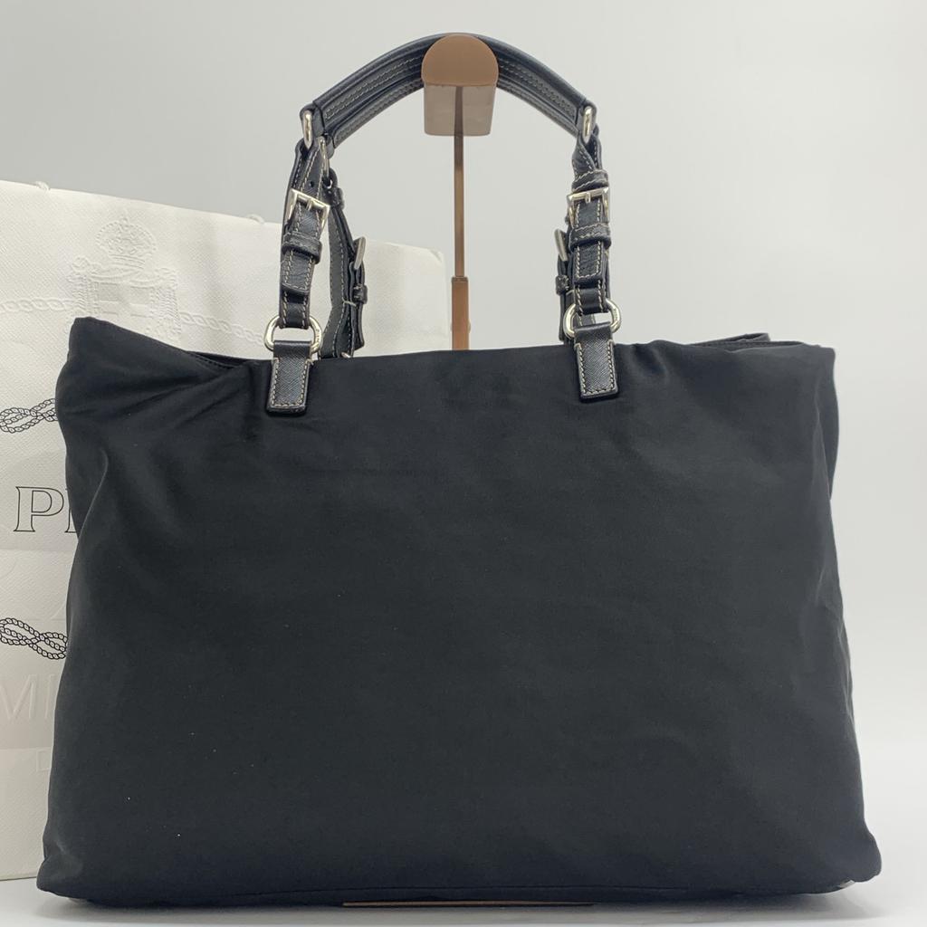 PRADA Tessuto Nylon Hand Tote Bag Shoulder Bag Triangle Logo Plate Silver Hardware Saffiano Leather Black A4 Size