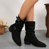 Large Size Square Heel Buckle Cowboy Style Stacking Boots Autumn and Winter New Round Head Versatile Fashion Women's Boots