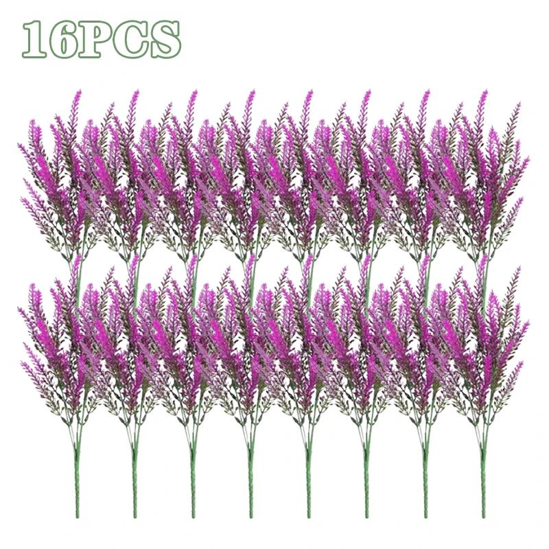 2-16PCS 5 Prong Lavender Artificial Flowers UV Resistant Fake Plant for Outdoor Garden Decor Faux Plastic Flower Home Decoration