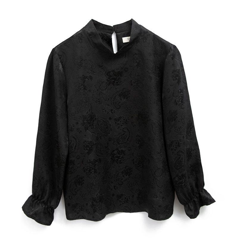 

Women s Chinese Style Silk Jacquard Floral Shirt with Lolita Collar, Solid Color, Loose Fit, Long Sleeve Top XXL чорний