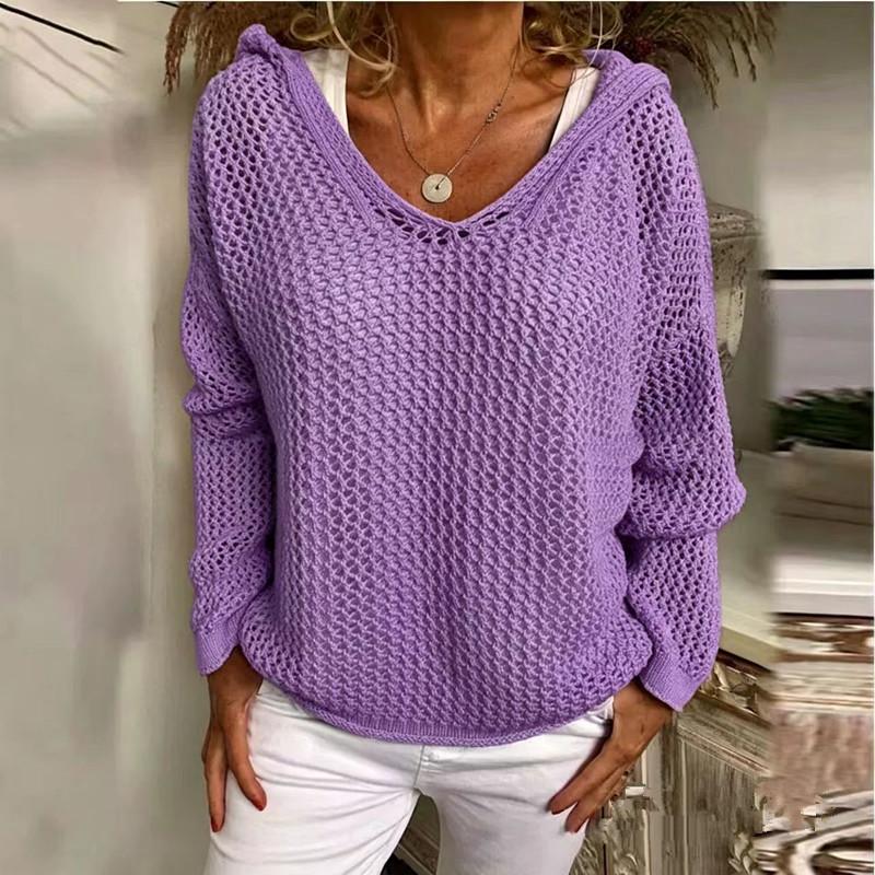 Women's Light Gray Hooded Knitted Sweater with Hollow Weave V Neck, Multiple Colors