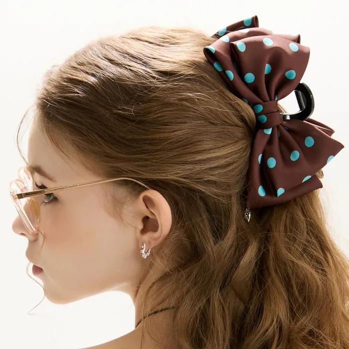 Satin Dot Double Ribbon Hair Clip _ Brown