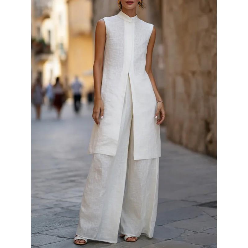 2026 Womens Linen Cotton Sleeveless Vest Top Wide Leg Pants Set Casual Elegant Outfit