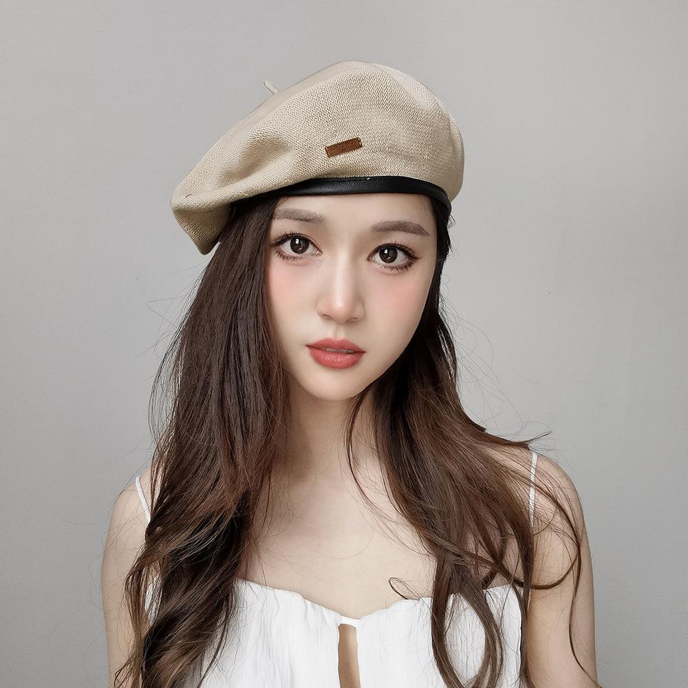 High Quality Fashion Spring and Summer PU Brim Adjustable Knitted Solid Color Cotton Beret Painter Hat for Women