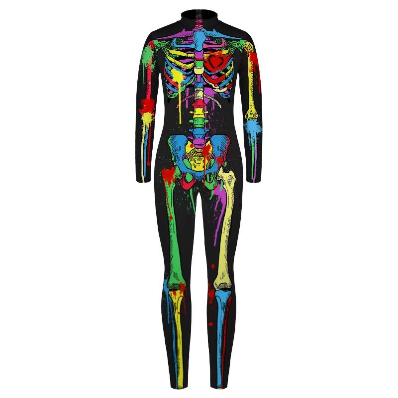 Painted Gold Skull Skeleton 3D Print Cosplay Costume Sexy Jumpsuit Halloween Bodysuit Adult Carnival Party Monos Mujer