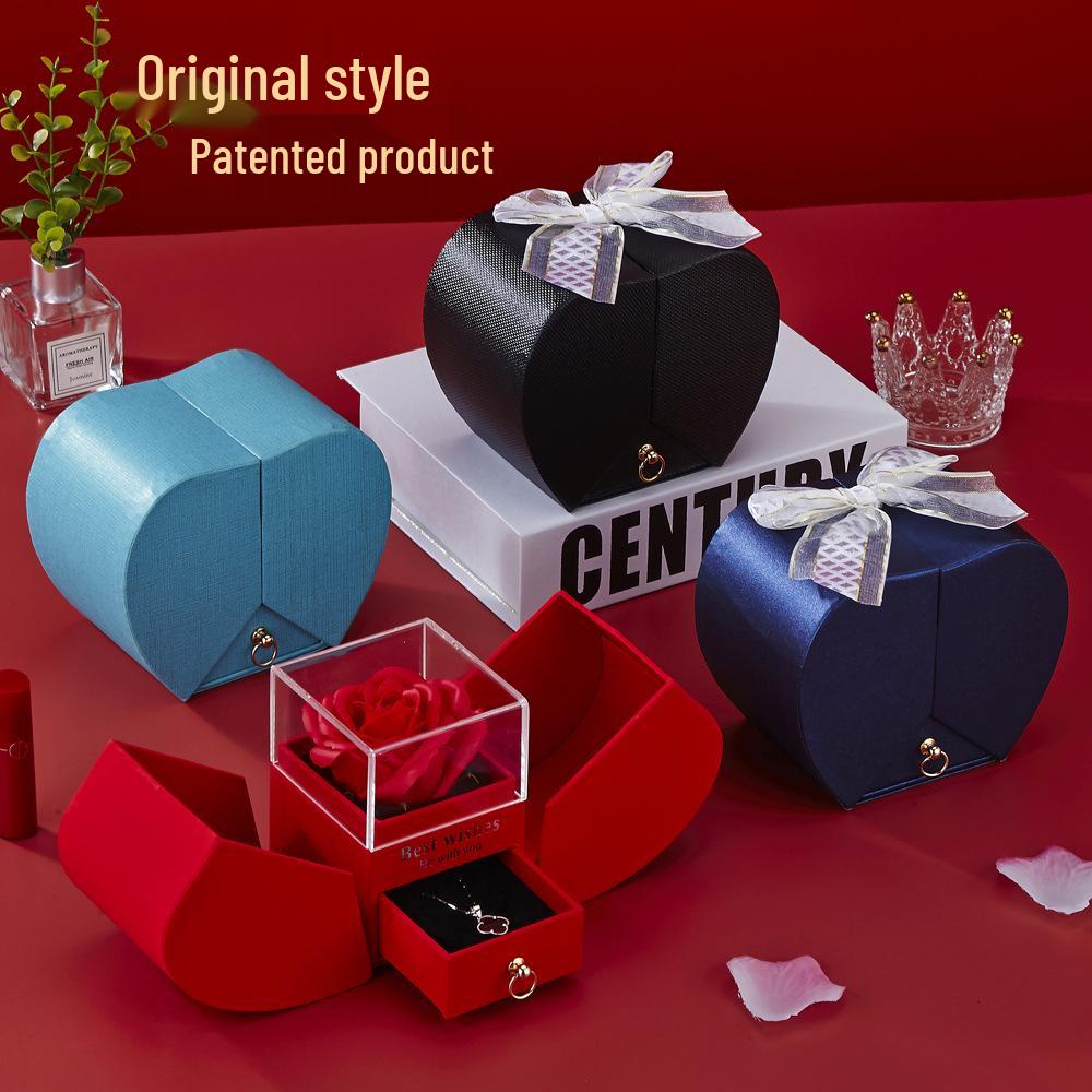 Caja de Regalo de Collar y Anillo Acrílicos Corazón Rosa de Apple – Regalo de San Valentín para Amigos