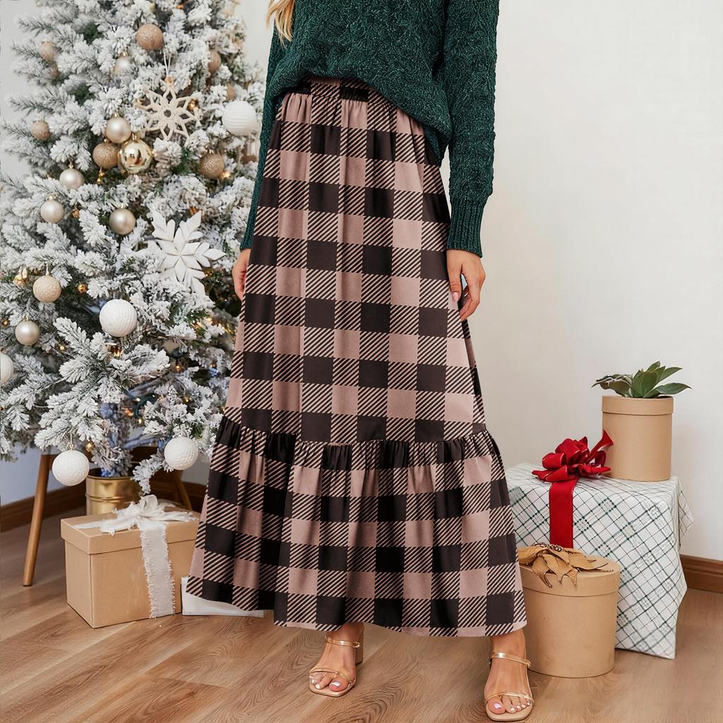 Women's Ruffled Casual Long Skirt Plaid Skirt Retro Pleated Skirt