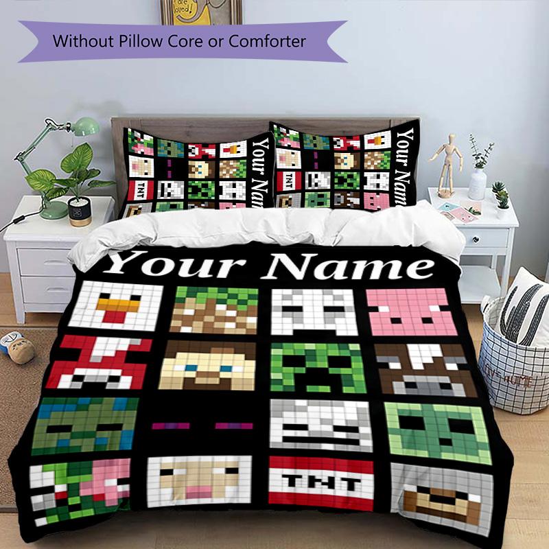 3pcs Minecraft2 Cover Set - Personalized Name, HD Printed Bedding with 1 Cover and 2 Pillowcases - Perfect for Home Decor, Easy Care