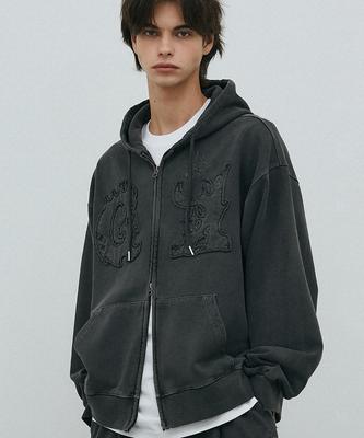 Gakkai Unions Flame Applique Pigment Zip-Up Hoodie Charcoal