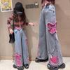 Girls Fashion Spray-Painting Butterfly Denim Wide Leg Pants High Waist Korea Style Long Jeans Teens Trousers