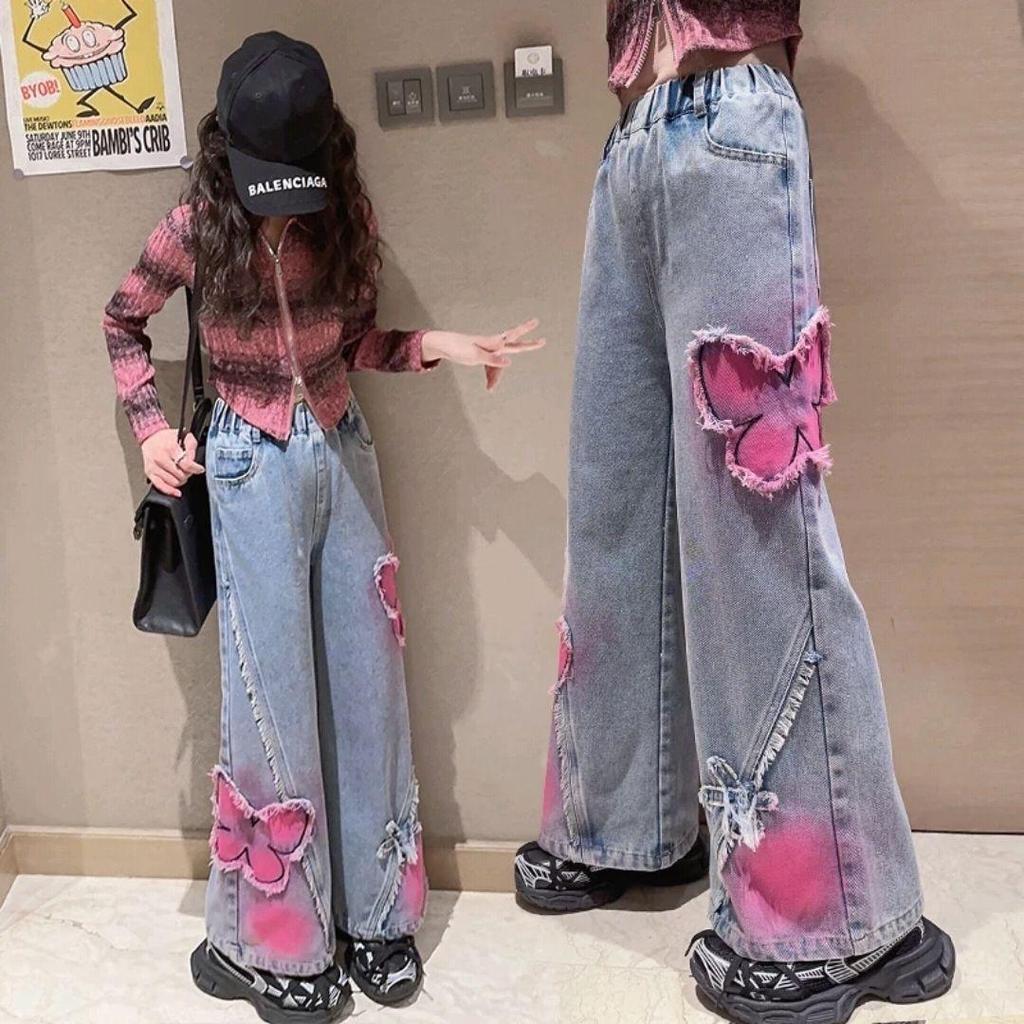Girls Fashion Spray-Painting Butterfly Denim Wide Leg Pants High Waist Korea Style Long Jeans Teens Trousers