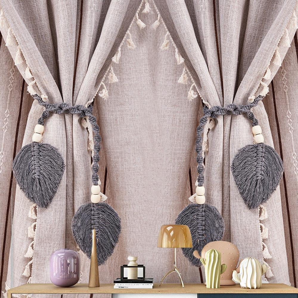 Boho Curtain Tiebacks Leaf Curtain Buckles with Wooden Bead Cotton Rope Hand-Woven Curtain Straps for Home Bedroom Decoration