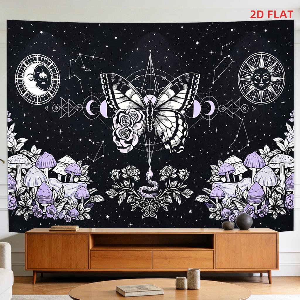 2D Flat - 2D Flat - A Tapestry Featuring a Large Or Small Design of Butterflies, Moon Phases, Mushrooms, Stars, And Mystical Symbols, Perfect for Deco