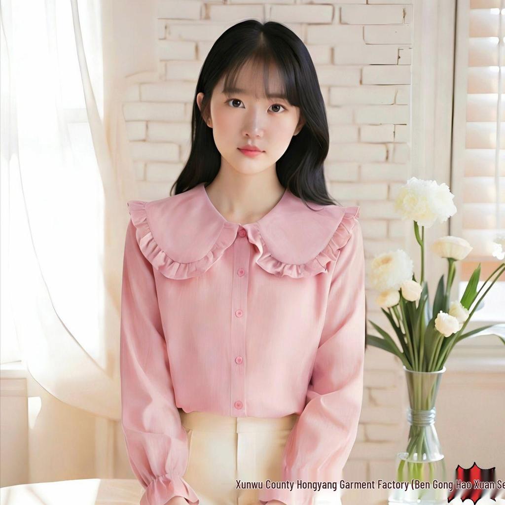 Wine Red Loose Fit Doll Collar Shirt - Korean Style Long Sleeve for Women, Cute and Sweet Spring Top.