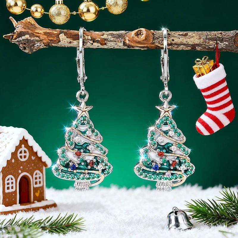 Huitan Creative Christmas Tree Drop Earrings for Women Gorgeous Brilliant Ear Accessories for Party Modern Stylish Chic