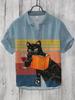 Summer Fashion Large Size Youth Men's Short Sleeve Shirt Linen Cardigan Lapel Funny Cat Ink Painting Print