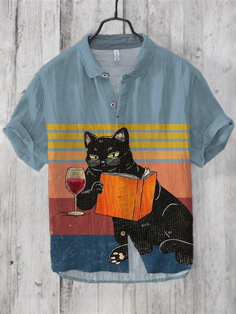Summer Fashion Large Size Youth Men's Short Sleeve Shirt Linen Cardigan Lapel Funny Cat Ink Painting Print
