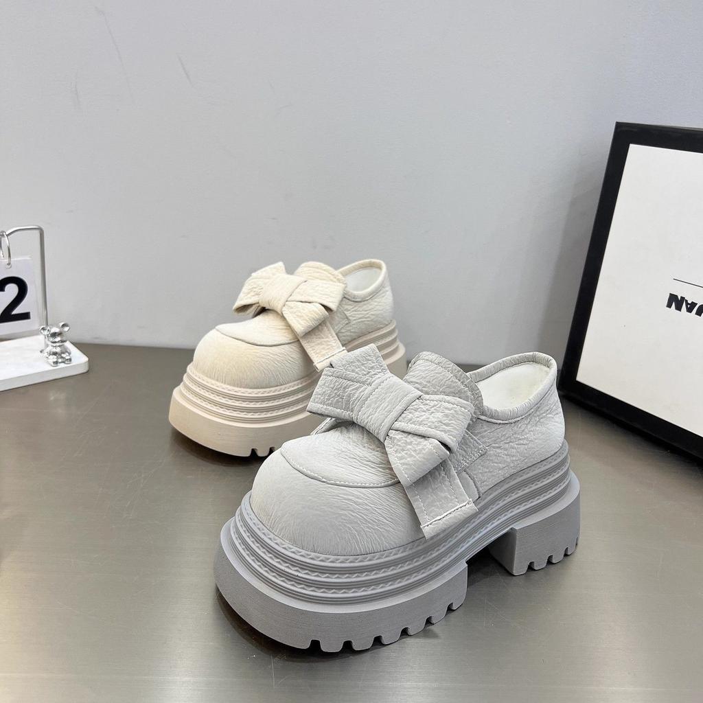 European spring bow platform muffin small leather shoes casual shoes small height increase single shoes women
