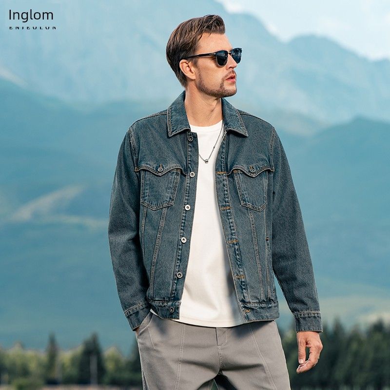 

Yingjuelun American Retro Washed Workwear Denim Jacket for Men 2025 Autumn and Winter Multi-Pocket Lapel Denim Jacket Retro Blue 2XL