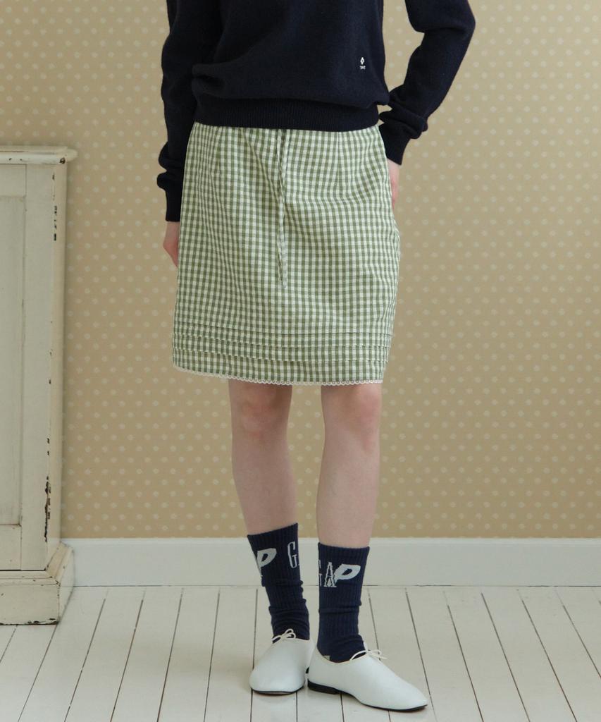 TTUDEMENT Gingham Check Midi Skirt_Olive