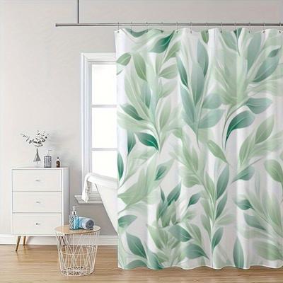 Green Leaf Pattern Shower Curtain Set, No Drilling Required, Easy To Clean, Separates Wet and Dry Areas In the Bathroom