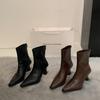 Retro high heels skinny boots women's autumn and winter new square head Martin boots thick heel elastic short boots brown Maillard women