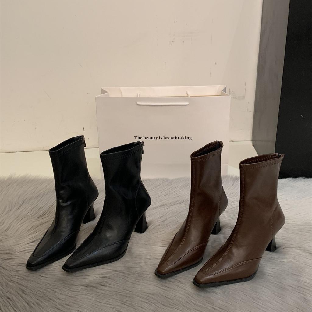 Retro high heels skinny boots women's autumn and winter new square head Martin boots thick heel elastic short boots brown Maillard women