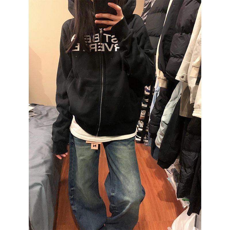 

American High Street Letter Print Hooded Zipper Sweatshirt Female Fall and Winter Fleece-lined Thickened Casual Versatile Outerwear Country Trendy Black thin section L