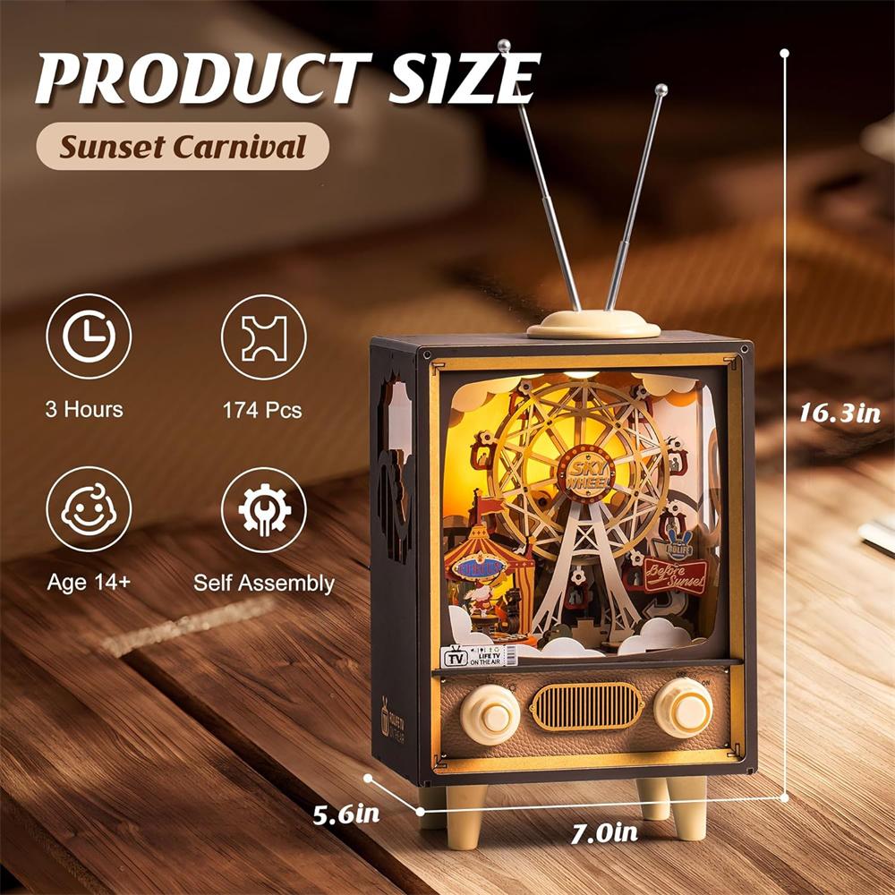 Robotime Wooden Music Box 3D Puzzles DIY Model Kits  Book Nook DIY Night Light  for Men Women Hobby Sunset Amusement Park