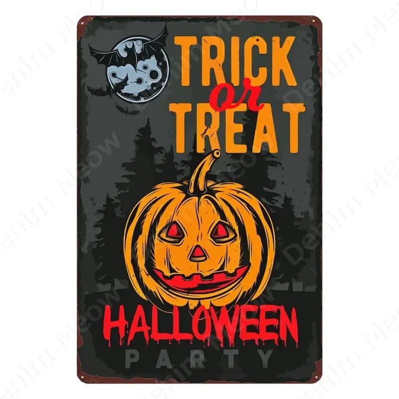 Halloween Party Vintage Metal Tin Sign Trick or Treat Home Bedroom Club Wall Decor Pumpkin Monster Poster Door Decorati