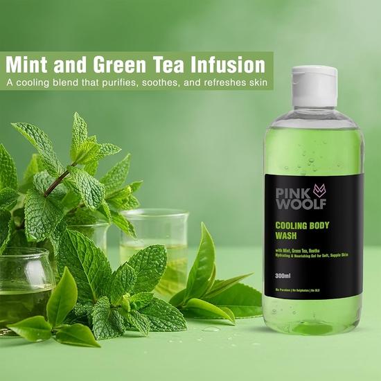Pink Woolf Cooling Body Wash Gel, Green Tea And Mint For Hydrating & Nourishing Gel For Soft Skin, Paraben & Sulphate Free - 300ml (Pack Of 1)