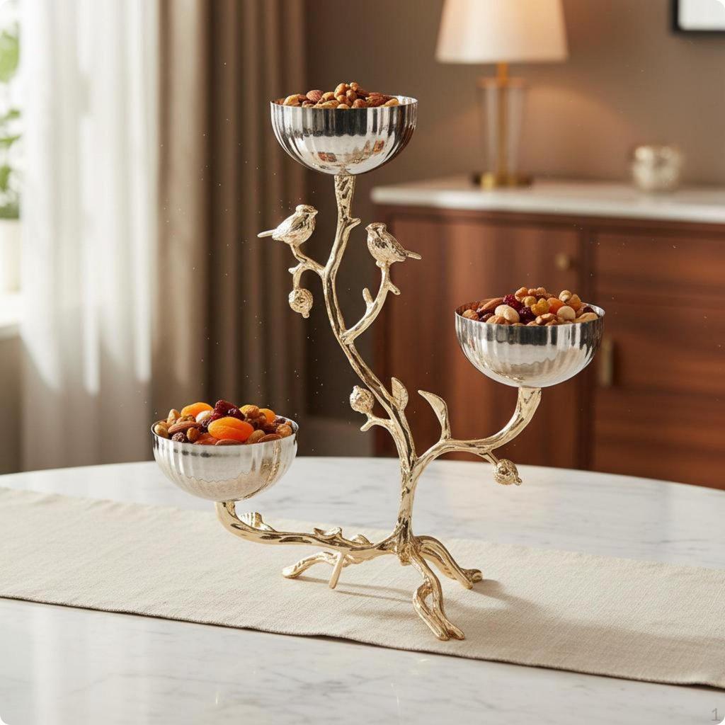 ThreeBowl Fruit Holder Branch MetalLook Bird Decorative Stand