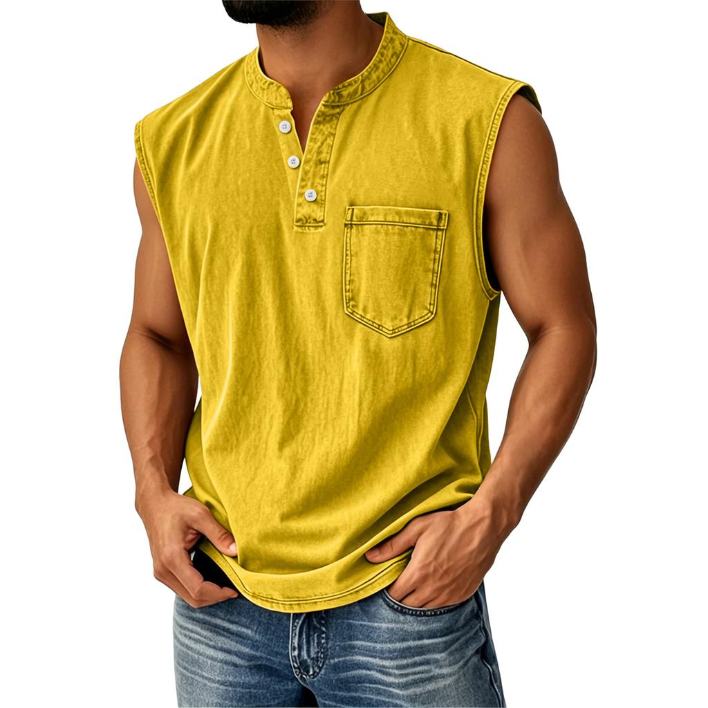 Men Sleeveless Henley Shirt Casual Button Front Pocket Design Lightweight Stand Collar Top