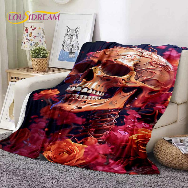 3D Horror Gotycka Czaszka Szkielet Miękkie Flanelowe Kocyki, Koc do Rzucania Wygodny Koc na Piknik Łóżka Kanapę Domową Sypialnię Prezenty