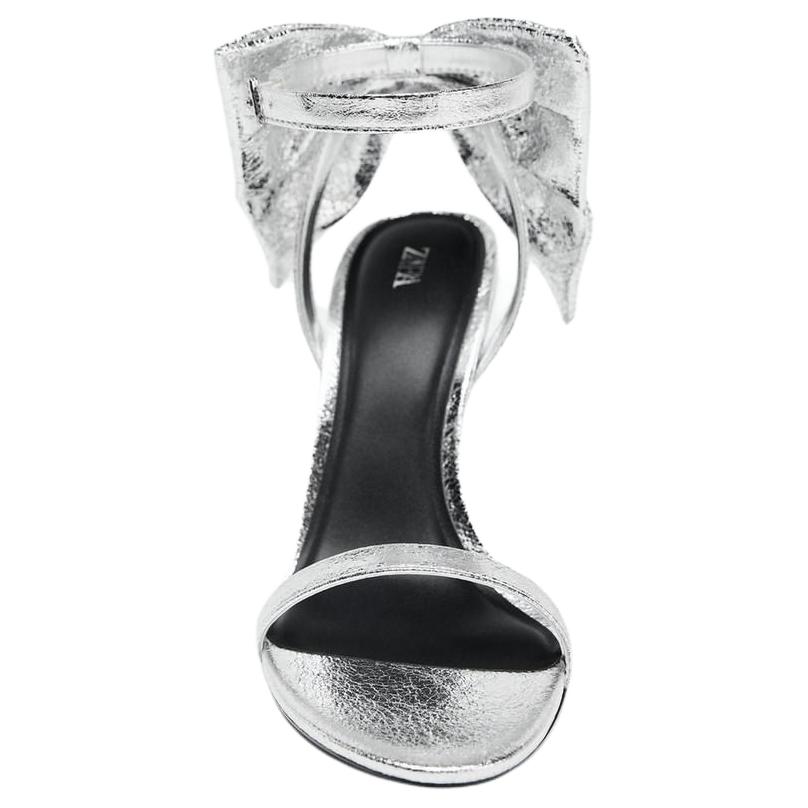 Zara Pu Open-Toe Elegant Bow Decor Metallic Layer Effect High Heels One-Strap Sandals 9.5Cm Women Sandals Silver 3324510808
